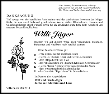 Traueranzeige von Willi Jäger von Südthüringer Presse
