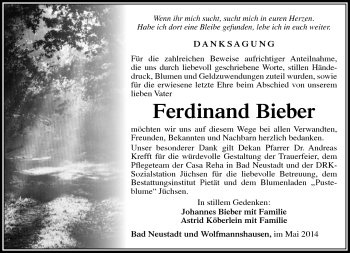 Traueranzeige von Ferdinand Bieber von Südthüringer Presse