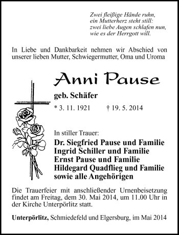 Traueranzeige von Anni Pause von Südthüringer Presse