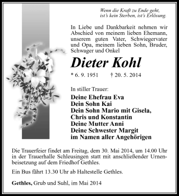 Traueranzeige von Dieter Kohl von Südthüringer Presse