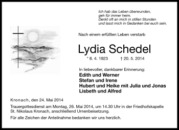 Traueranzeige von Lydia Schedel von Neue Presse Coburg