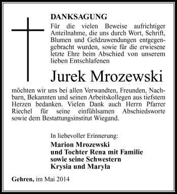 Traueranzeige von Jurek Mrozewski von Südthüringer Presse