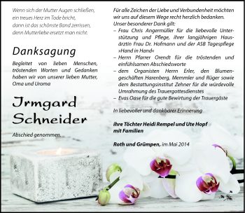 Traueranzeige von Irmgard Schneider von Südthüringer Presse