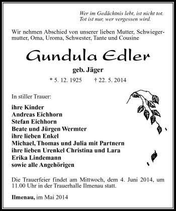 Traueranzeige von Gundula Edler von Südthüringer Presse