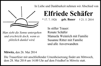 Traueranzeige von Elfriede Schäfer von Neue Presse Coburg