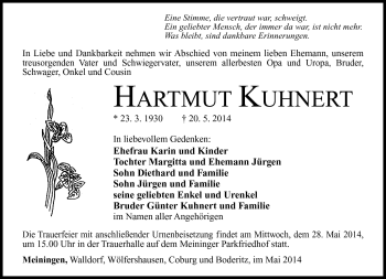 Traueranzeige von Hartmut Kuhnert von Südthüringer Presse