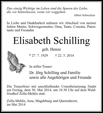 Traueranzeige von Elisabeth Schilling von Südthüringer Presse