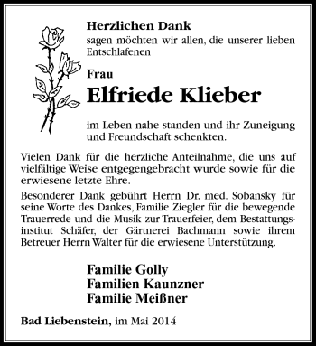 Traueranzeige von Elfriede Klieber von Südthüringer Presse
