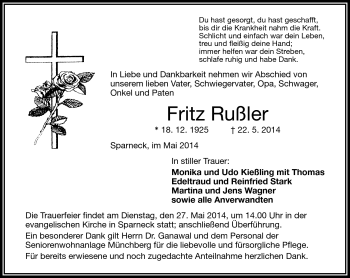 Traueranzeige von Fritz Rußler von Frankenpost