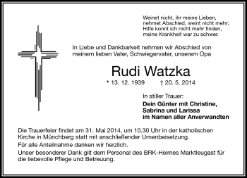 Traueranzeige von Rudi Watzka von Frankenpost