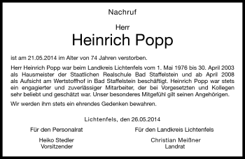Traueranzeige von Heinrich Popp von Neue Presse Coburg