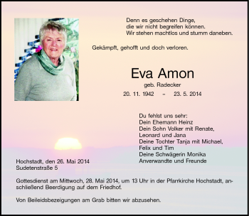 Traueranzeige von Eva Amon von Neue Presse Coburg