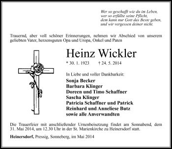 Traueranzeige von Heinz Wickler von Südthüringer Presse