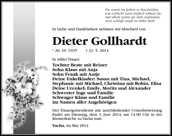 Traueranzeige von Dieter Gollhardt von Südthüringer Presse
