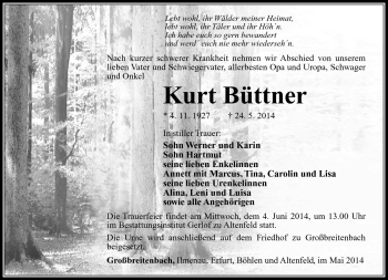Traueranzeige von Kurt Büttner von Südthüringer Presse