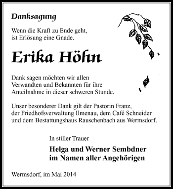 Traueranzeige von Erika Höhn von Südthüringer Presse