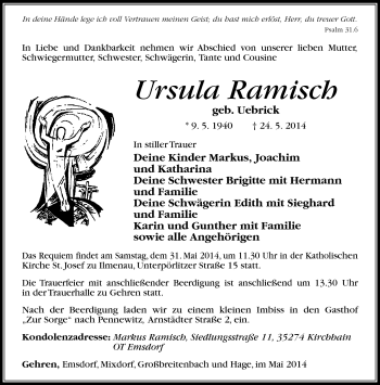 Traueranzeige von Ursula Ramisch von Südthüringer Presse