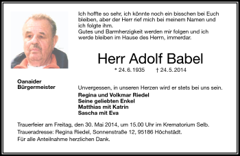 Traueranzeige von Adolf Babel von Frankenpost