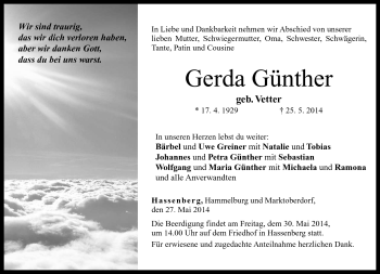 Traueranzeige von Gerda Günther von Neue Presse Coburg