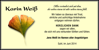 Traueranzeige von Weiss Karin von Südthüringer Presse
