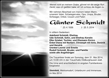 Traueranzeige von Günter Schmidt von Südthüringer Presse