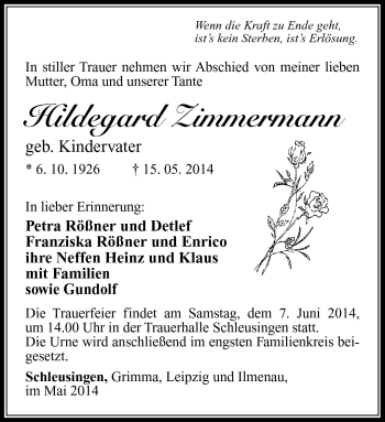 Traueranzeige von Hildegard Zimmermann von Südthüringer Presse