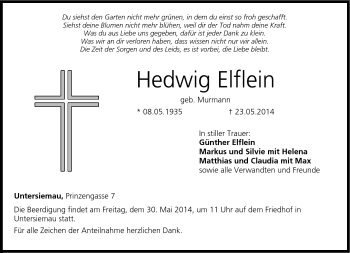 Traueranzeige von Hedwig Elflein von Neue Presse Coburg