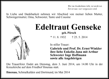 Traueranzeige von Edeltraud Genseke von Südthüringer Presse