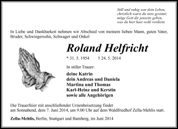 Traueranzeige von Roland Helfricht von Südthüringer Presse