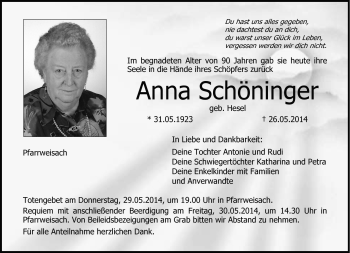 Traueranzeige von Anna Schöninger von Neue Presse Coburg