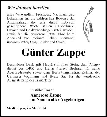 Traueranzeige von Günter Zappe von Südthüringer Presse