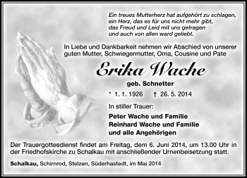 Traueranzeige von Erika Wache von Südthüringer Presse