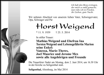 Traueranzeige von Horst Weigend von Südthüringer Presse