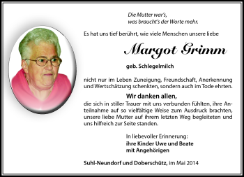 Traueranzeige von Margot Grimm von Südthüringer Presse