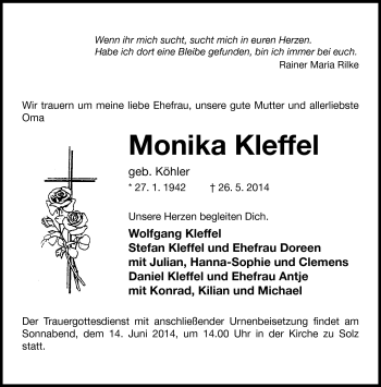 Traueranzeige von Monika Kleffel von Südthüringer Presse