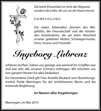 Traueranzeige von Ingeborg Labrenz von Südthüringer Presse