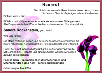 Traueranzeige von Sandra Rockenstein von Südthüringer Presse