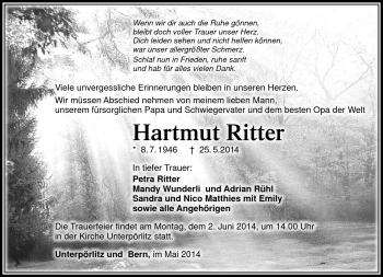 Traueranzeige von Hartmut Ritter von Südthüringer Presse