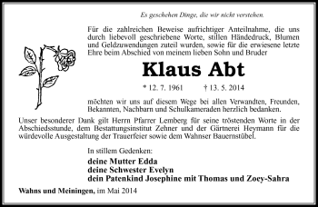 Traueranzeige von Klaus Abt von Südthüringer Presse