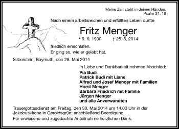 Traueranzeige von Fritz Menger von Frankenpost