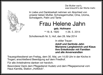 Traueranzeige von Helene Jahn von Frankenpost
