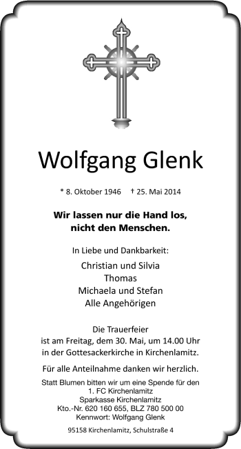 Traueranzeige von Wolfgang Glenk von Frankenpost