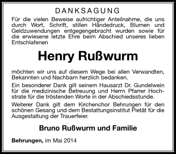 Traueranzeige von Henry Rußwurm von Südthüringer Presse