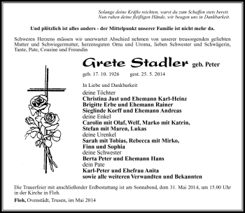 Traueranzeige von Grete Stadler von Südthüringer Presse