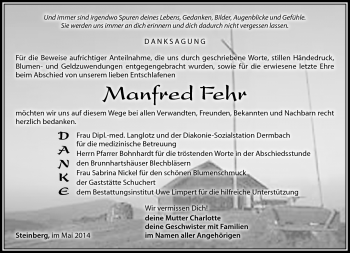 Traueranzeige von Manfred Fehr von Südthüringer Presse