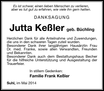Traueranzeige von Jutta Keßler von Südthüringer Presse