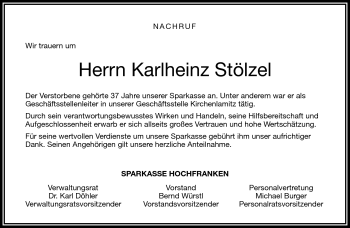 Traueranzeige von Karlheinz Stölzel von Frankenpost