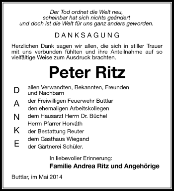 Traueranzeige von Peter Ritz von Südthüringer Presse