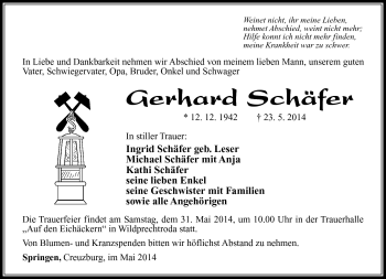 Traueranzeige von Gerhard Schäfer von Südthüringer Presse