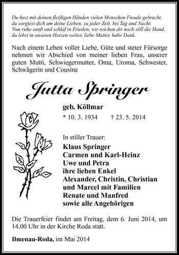 Traueranzeige von Jutta Springer von Südthüringer Presse
